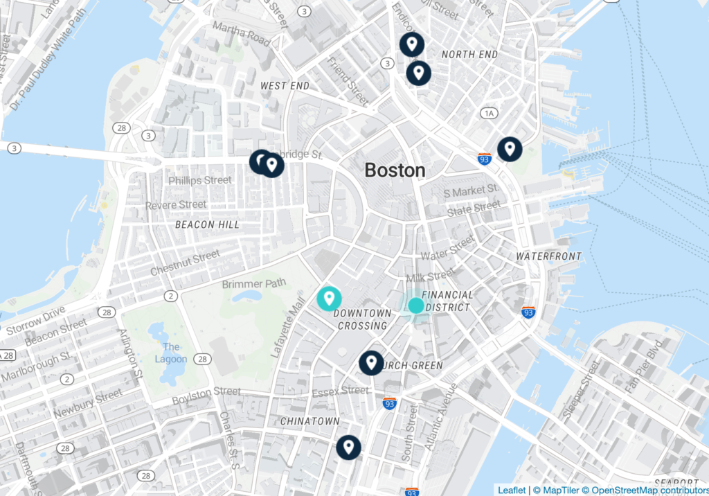 Downtown Boston luggage storage map